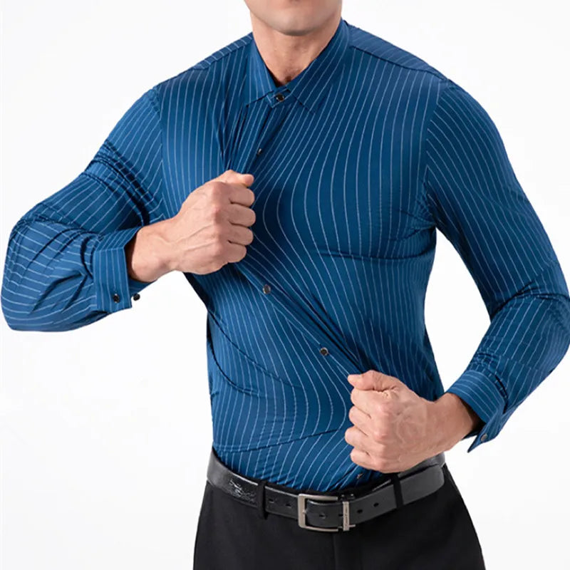 New Stylish Men's Striped Shirt Long Sleeve Business Casual High Elasticity Spring Autumn Seamless Easy-care Soft Man Clothing