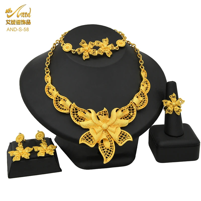 ANIID Dubai Plated Jewelry Set For Women Indian Earring and Necklace Nigeria Moroccan Bridal Accessorie Wedding Bracelet Gifts