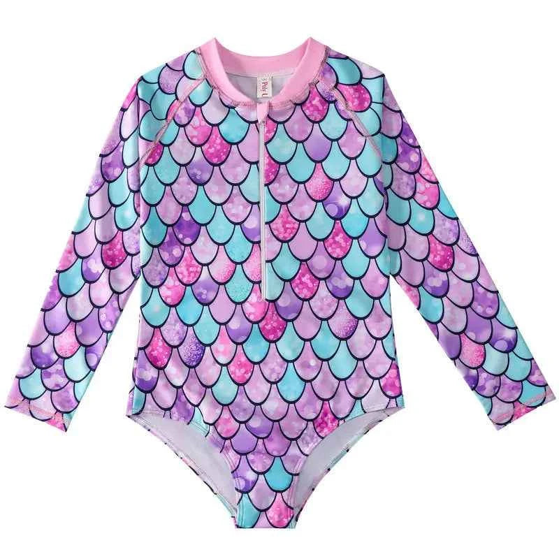 European American Style Mermaid Swimsuit Baby Girls Long Sleeves One-piece Swimsuit Hot Spring Fish Scale Kids Swimsuit 4-12Y - AMULET RING STORE