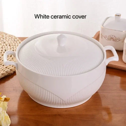 Ceramic Soup Pot Nordic Phnom Penh White Round 2.6L Large Bowl with Lid Cooking Utensils Household Kitchen Supplies Tableware - AMULET RING STORE