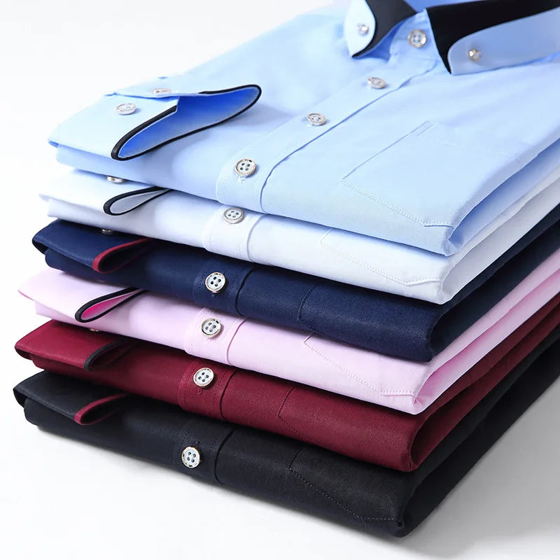 4XL Stand Up Collar Long Sleeve Shirt for Men Social Camisa Anti-wrinkle Pockets with Diamond Button Down White Shirt Black Blue
