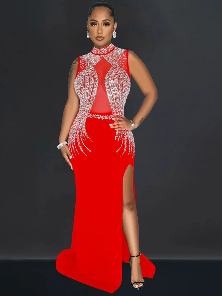 Beyprern Women's Black Mesh Bust Rhinestones Décor High Slit Maxi Dress Glam Mock Neck Crystal Party Dresses Celebrities Outfits - AMULET RING STORE