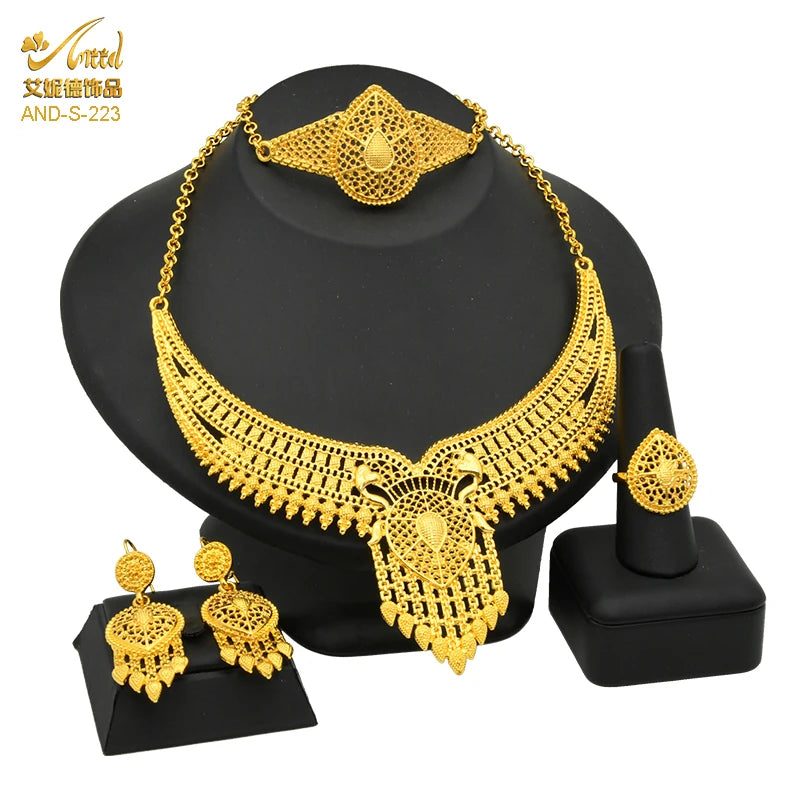 ANIID Dubai Plated Jewelry Set For Women Indian Earring and Necklace Nigeria Moroccan Bridal Accessorie Wedding Bracelet Gifts