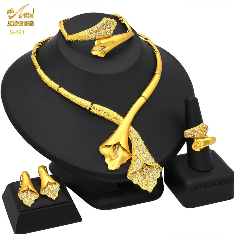 ANIID Dubai Plated Jewelry Set For Women Indian Earring and Necklace Nigeria Moroccan Bridal Accessorie Wedding Bracelet Gifts