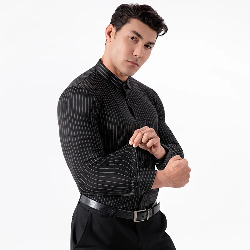New Stylish Men's Striped Shirt Long Sleeve Business Casual High Elasticity Spring Autumn Seamless Easy-care Soft Man Clothing