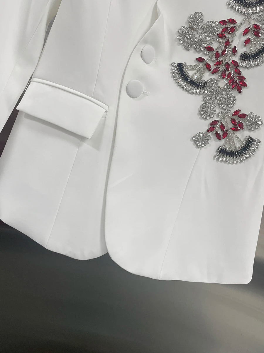 TWOTWINSTYLE Solid Spliced Bead Flower Temperament Blazers for Women V Neck Long Sleeves Patchwork Single Breasted Blazer Female