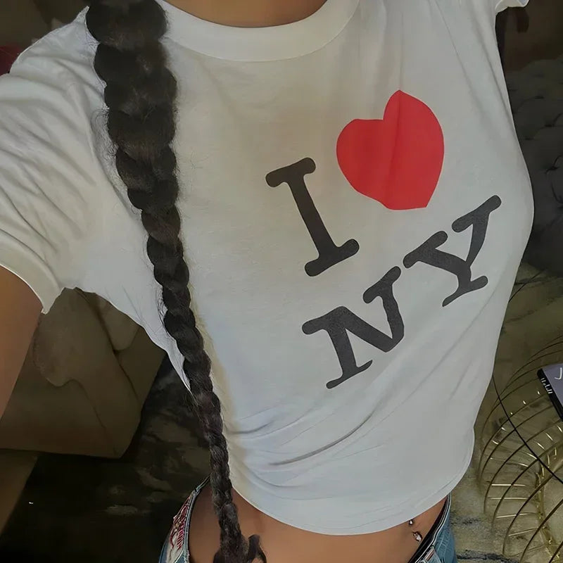 I Love New York NY O Neck Womens Cropped Top Harajuku Gothic Clothes Y2k Summer Fashion T Shirt Baby Tee 2000s Tshirt Dropship - AMULET RING STORE
