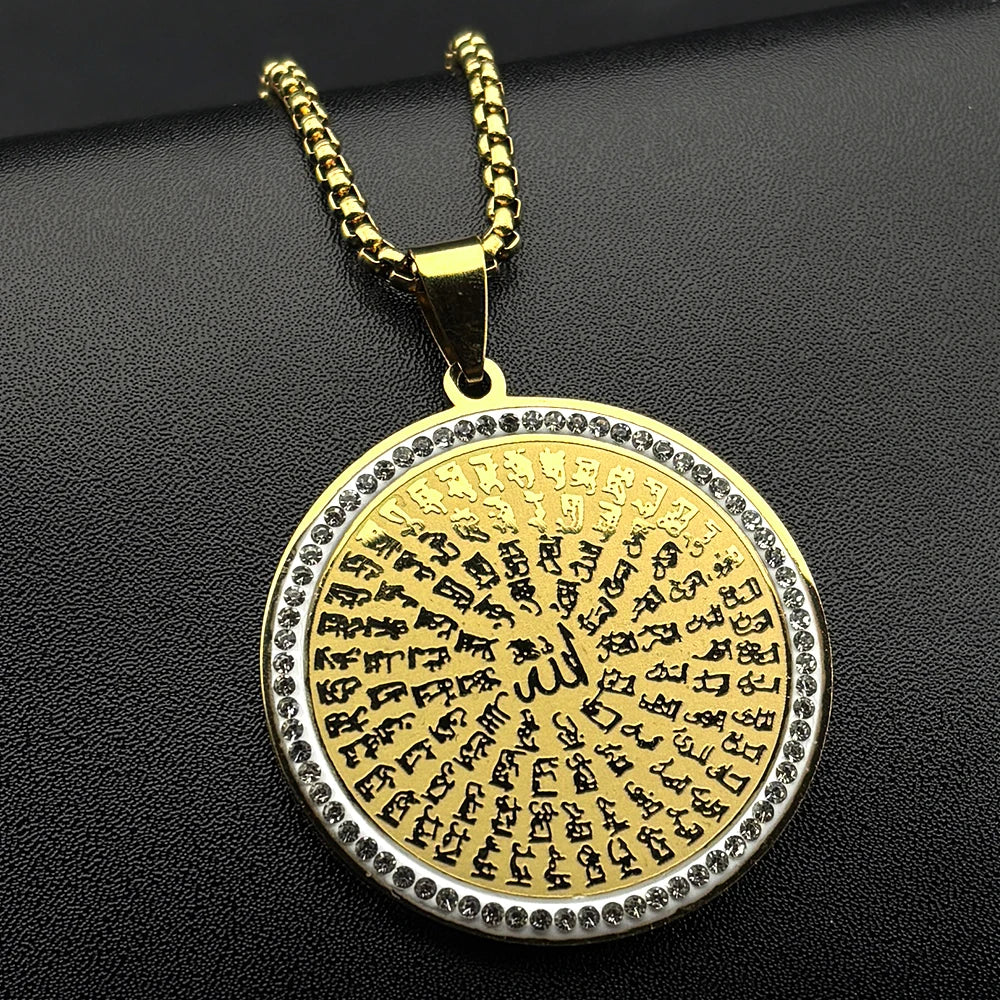 Allah Quran Arabic Letter Rhinestones Pendant Necklaces for Women Men Stainless Steel Gold Color Islam Muslim Chains Jewelry