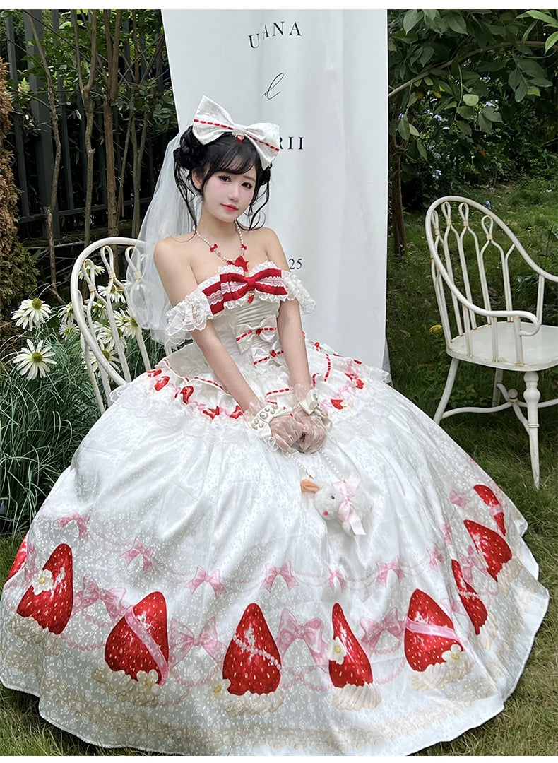 Sweet Princess Style Birthday Anniversary Wedding Dress New Lolita Cute Bow Sexy Strapless Girl Temperament Puffy Lace Dresses