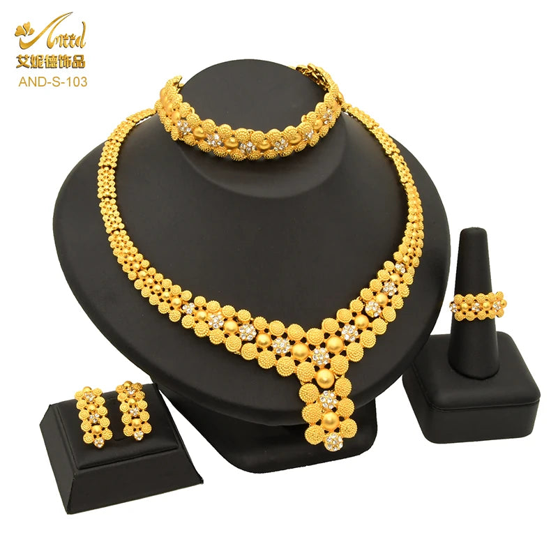 ANIID Dubai Plated Jewelry Set For Women Indian Earring and Necklace Nigeria Moroccan Bridal Accessorie Wedding Bracelet Gifts