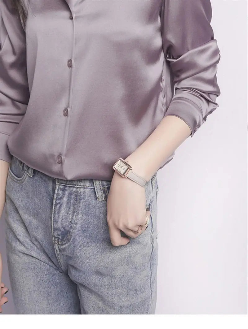 Spring Summer Casual Women's Satin Shirt Lapel Long Sleeve Blouse Loose Solid Color Office Lady Fashion Shirts Top