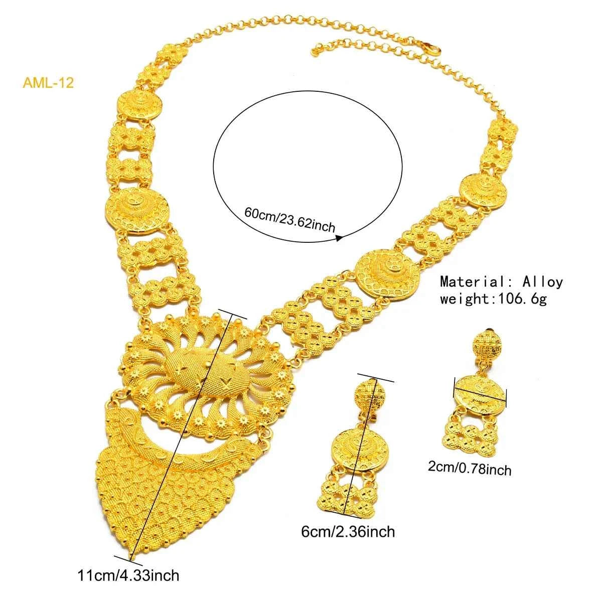 Bridal Indian Necklace Sets 24K Gold Plated Long Pendant For Women Nigeria African Dubai Wedding Earring Jewelry Set Party Gift
