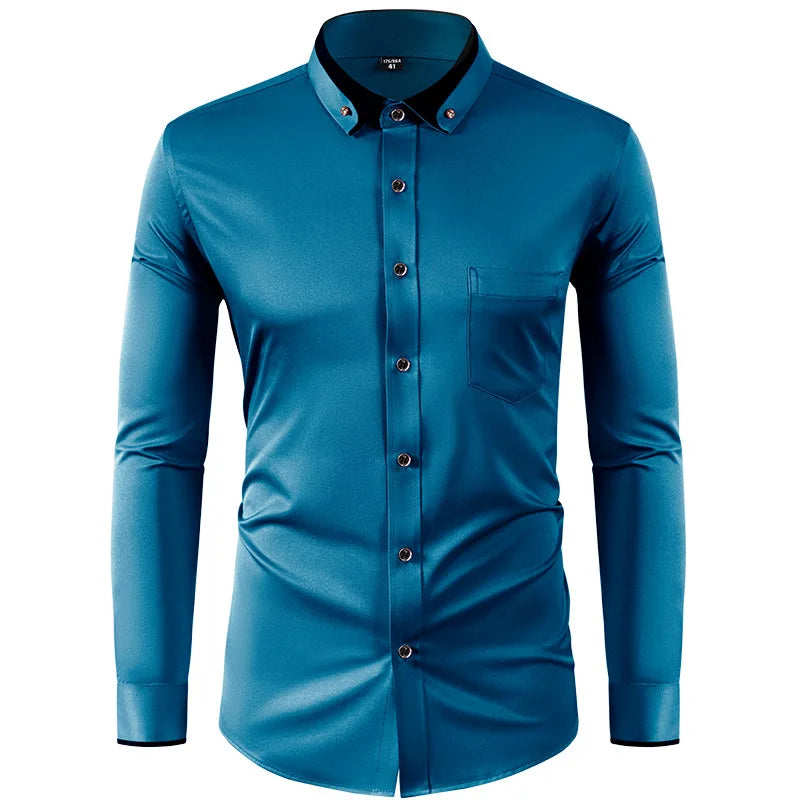 4XL Stand Up Collar Long Sleeve Shirt for Men Social Camisa Anti-wrinkle Pockets with Diamond Button Down White Shirt Black Blue