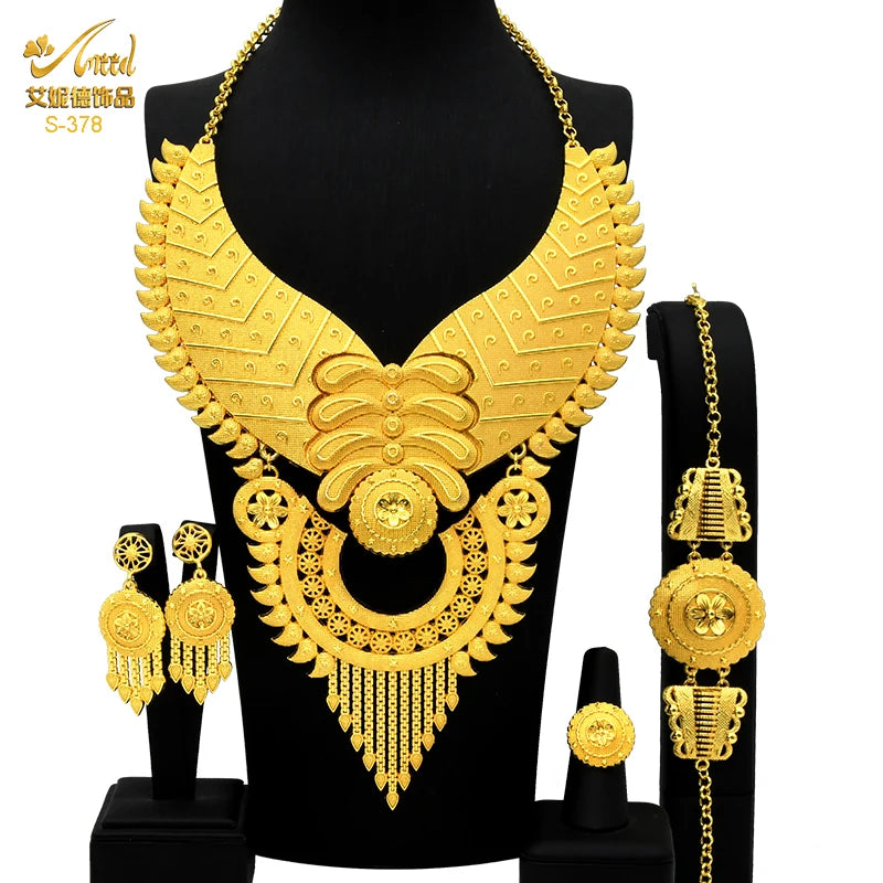 ANIID Dubai Plated Jewelry Set For Women Indian Earring and Necklace Nigeria Moroccan Bridal Accessorie Wedding Bracelet Gifts