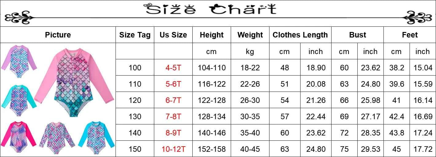 European American Style Mermaid Swimsuit Baby Girls Long Sleeves One-piece Swimsuit Hot Spring Fish Scale Kids Swimsuit 4-12Y - AMULET RING STORE