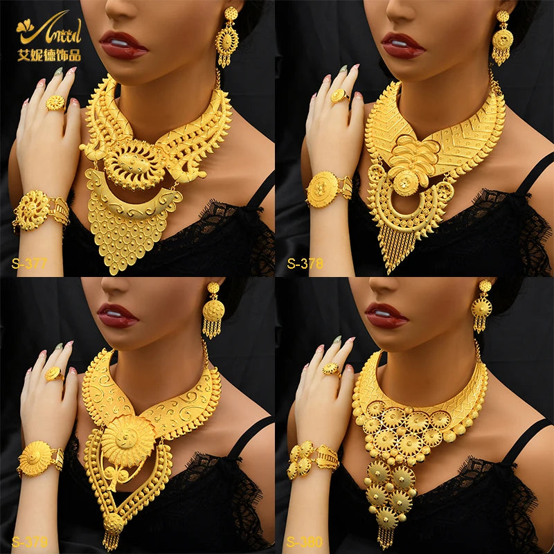 ANIID African Luxury Big Jewelry Set For Women Dubai 24K Gold Color Long Necklace Sets Wedding Party Gifts Wholesale