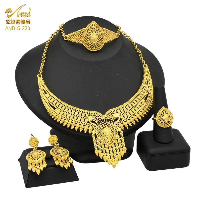 ANIID Dubai Plated Jewelry Set For Women Indian Earring and Necklace Nigeria Moroccan Bridal Accessorie Wedding Bracelet Gifts