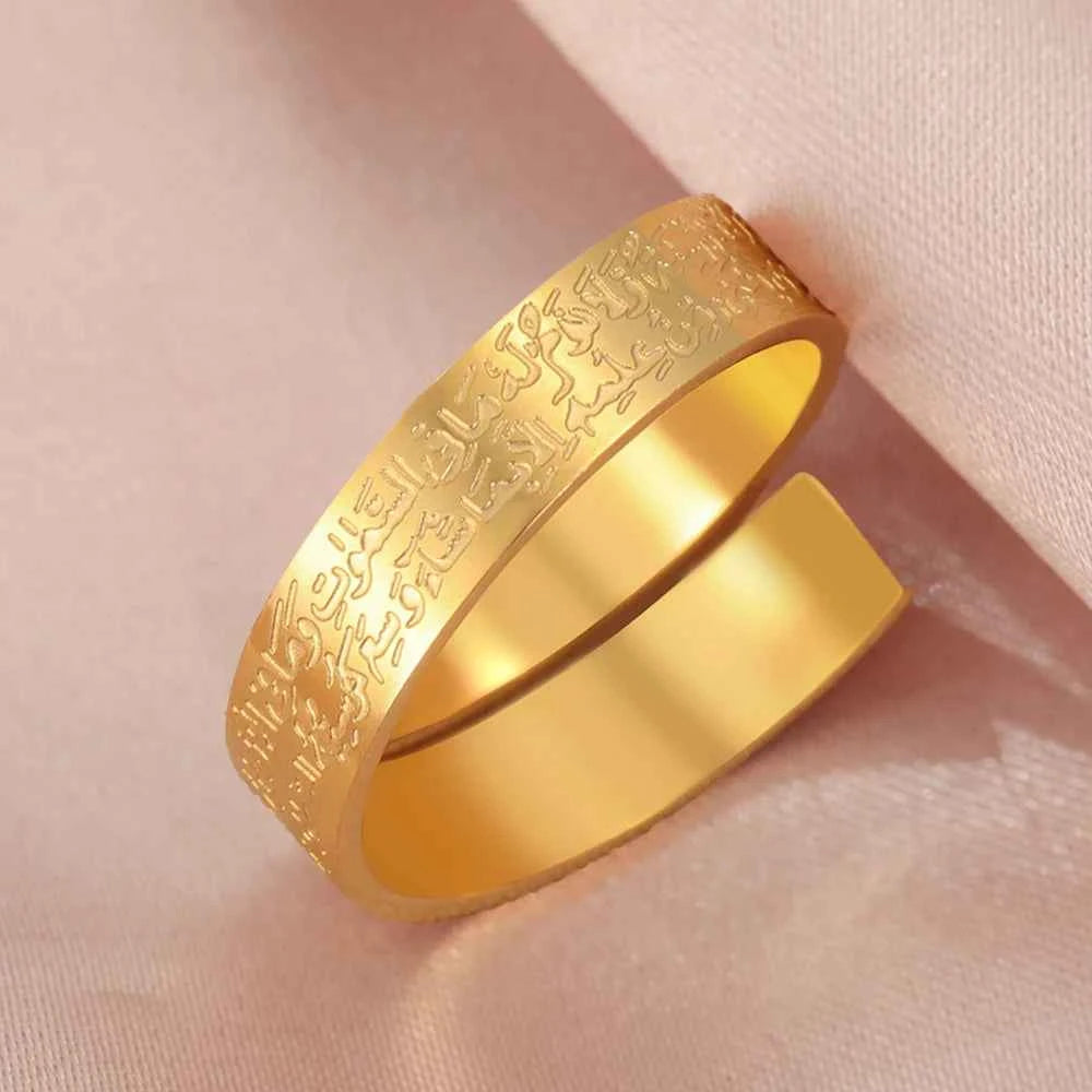 Dawapara Ayatul Kursi Stainless Steel Ring Adjustable Quran Arabian Calligraphy Eid al Adha Muhammad Blessing Muslim Jewelry