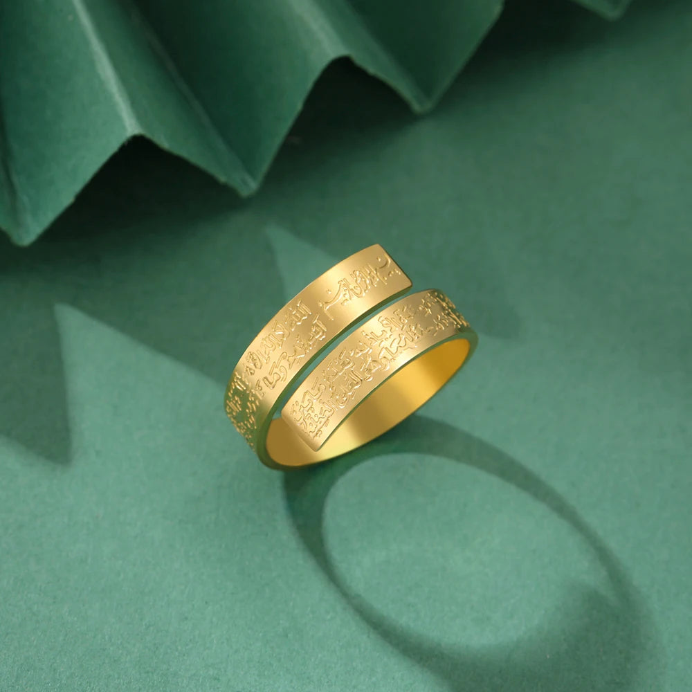 Dawapara Ayatul Kursi Stainless Steel Ring Adjustable Quran Arabian Calligraphy Eid al Adha Muhammad Blessing Muslim Jewelry