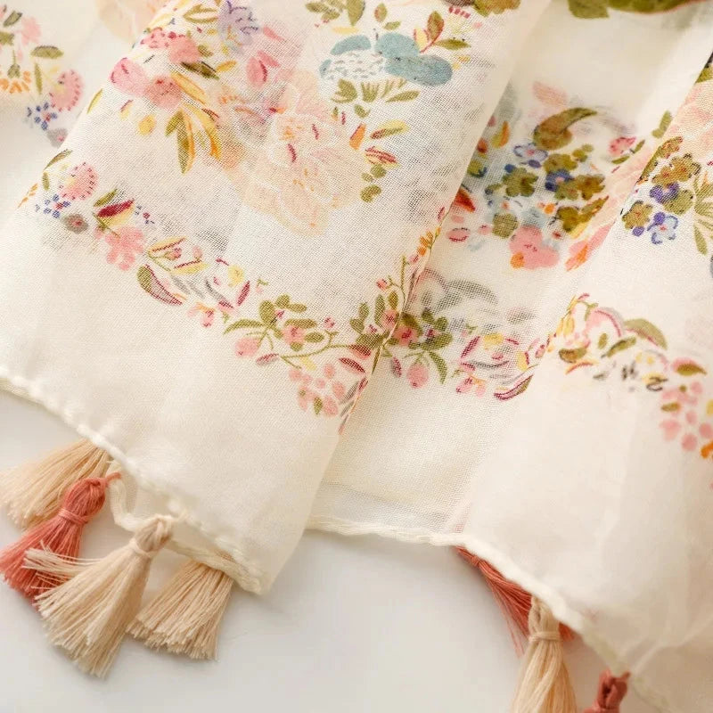 Four Seasons Available Luxury Women Viscose Scarf Designer Shawl Cotton Linen Feeling Tassel Pashmina Muslim Hijab Wrap Floral