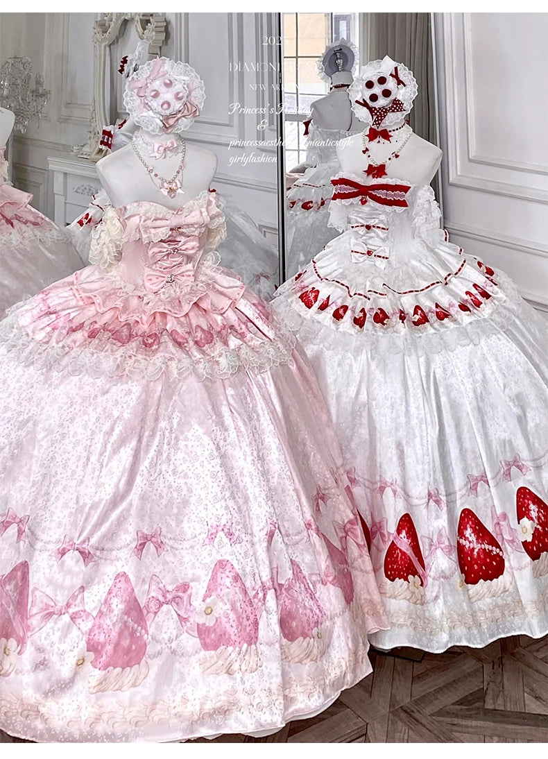 Sweet Princess Style Birthday Anniversary Wedding Dress New Lolita Cute Bow Sexy Strapless Girl Temperament Puffy Lace Dresses