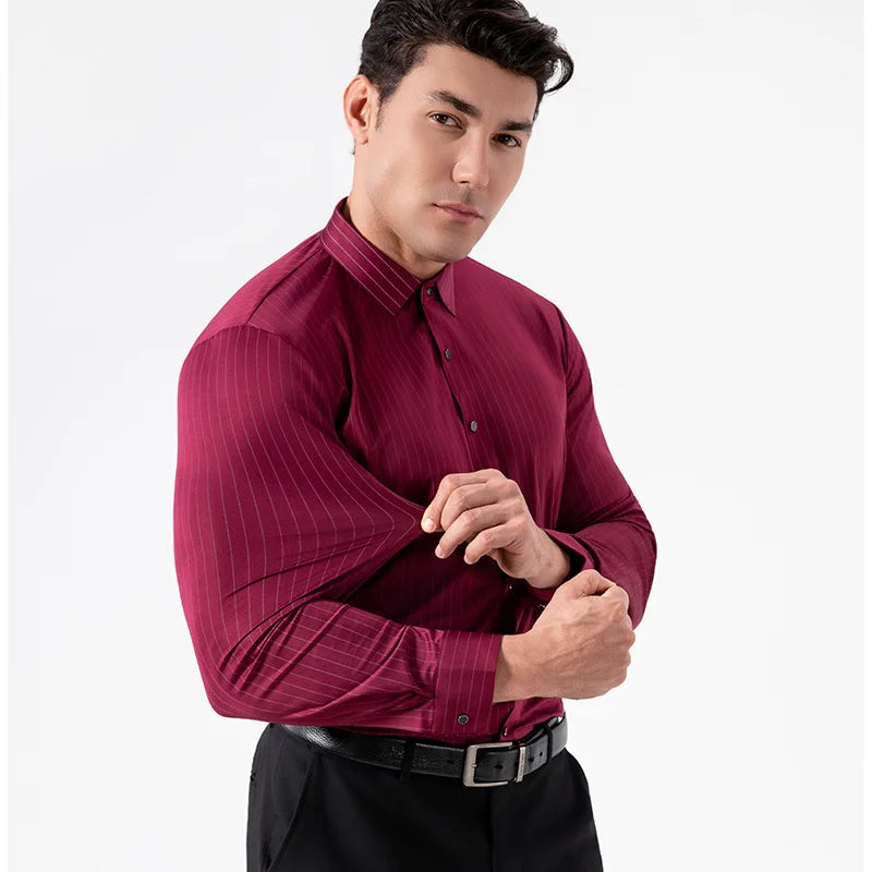 New Stylish Men's Striped Shirt Long Sleeve Business Casual High Elasticity Spring Autumn Seamless Easy-care Soft Man Clothing