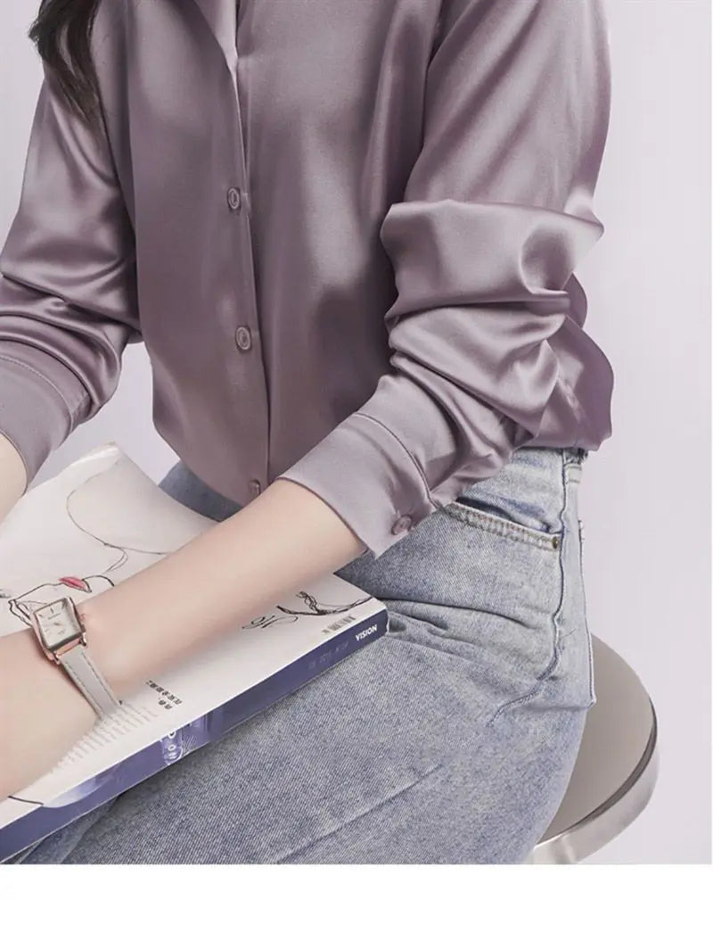 Spring Summer Casual Women's Satin Shirt Lapel Long Sleeve Blouse Loose Solid Color Office Lady Fashion Shirts Top