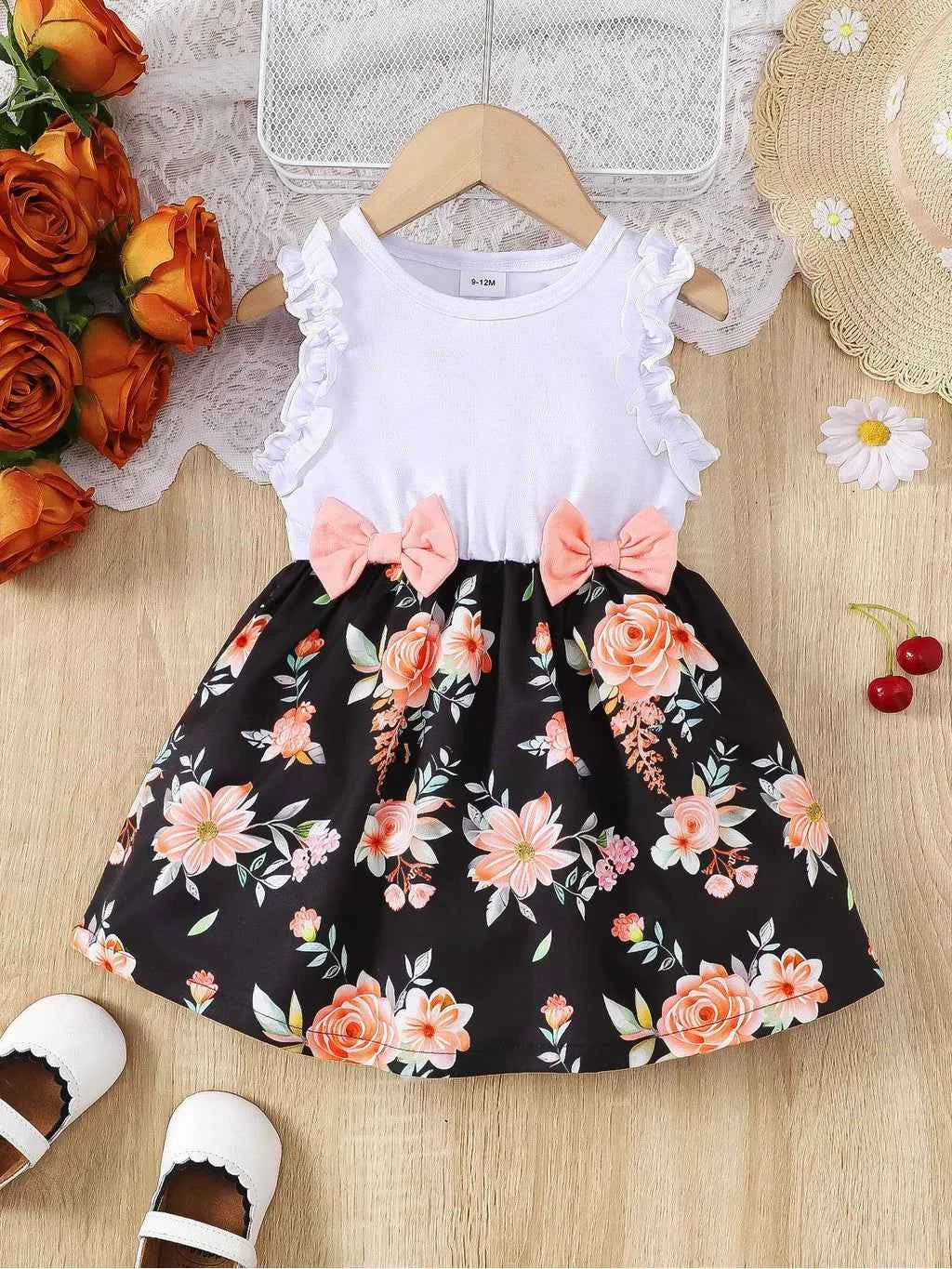 Baby Girl Summer Clothes Floral Print Sleeveless Dresses Pastoral Style Wedding Party Dress with Bow for Toddler Girl 0-3 Years - AMULET RING STORE