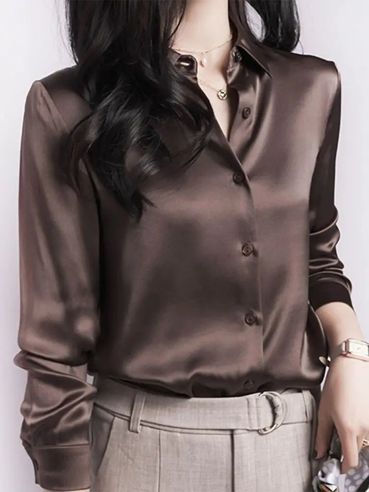 Spring Summer Casual Women's Satin Shirt Lapel Long Sleeve Blouse Loose Solid Color Office Lady Fashion Shirts Top