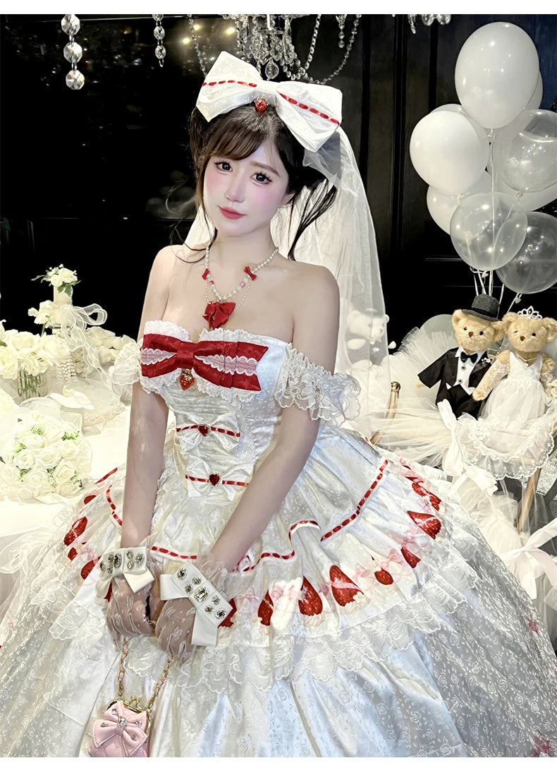 Sweet Princess Style Birthday Anniversary Wedding Dress New Lolita Cute Bow Sexy Strapless Girl Temperament Puffy Lace Dresses