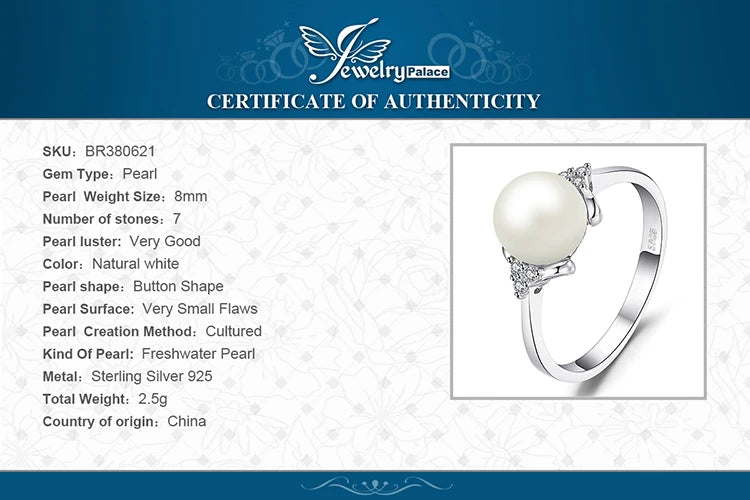 JewelryPalace 8mm White Shell Pearl 925 Sterling Silver Rings for Women Engagement Trendy Ring Fashion Gift Fine Jewelry