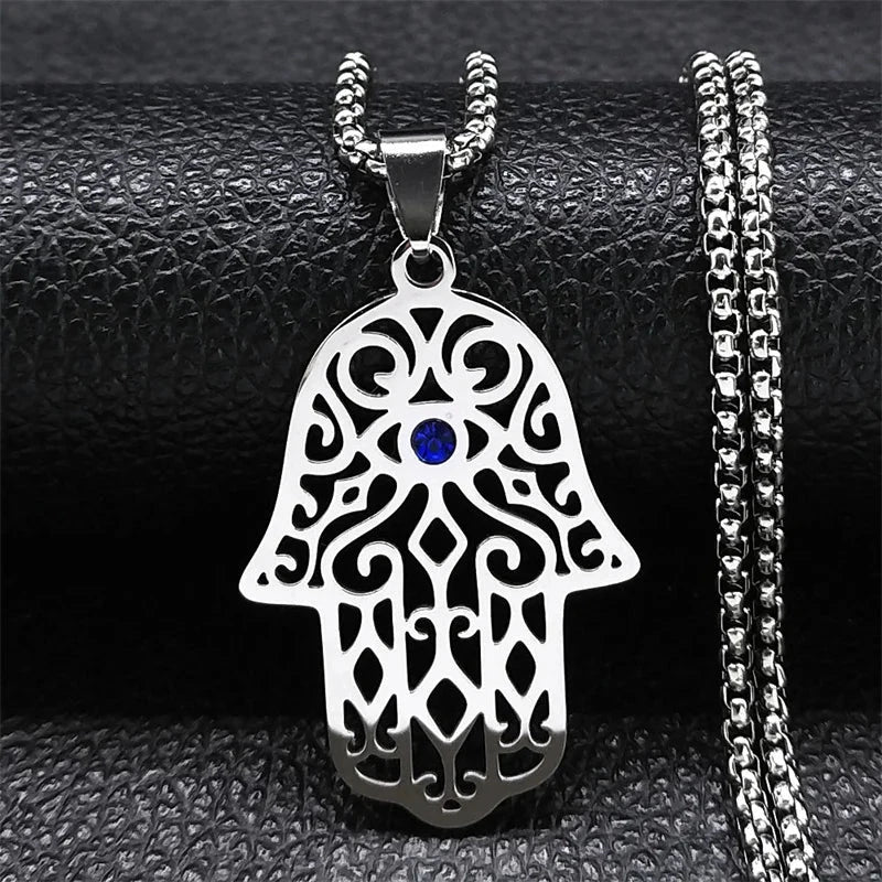 Hamsa Fatima's Hand Turkish Eye Lotus Stainless Steel Necklace for Women Men Gold Color Egypt Amulet Islam Chain Arabic Jewelry - AMULET RING STORE