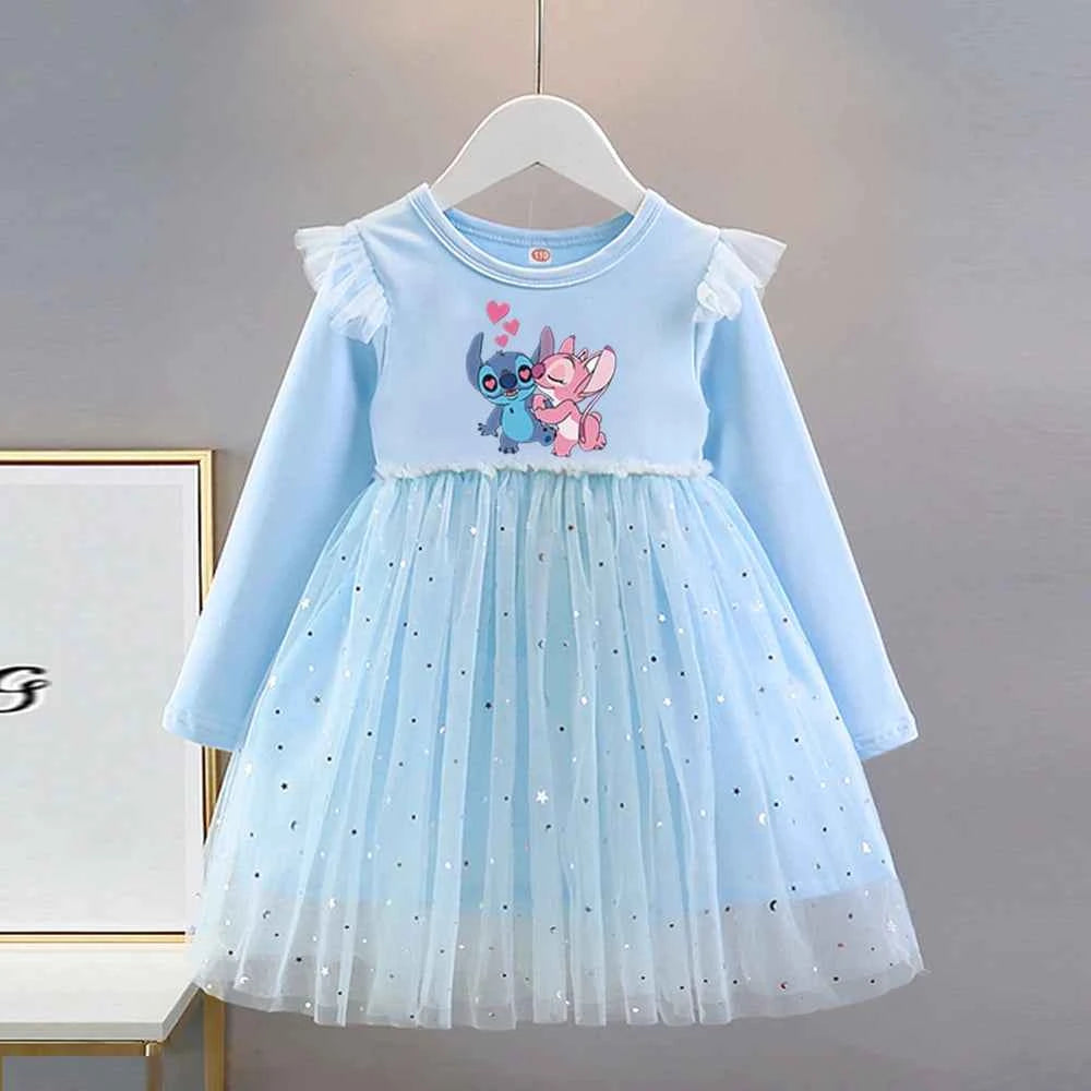 Girls Dress 2025 New Kids Clothes Autumn Long sleeves Disney Children Stitch Princess Dresses Baby Girl Cute Birthday Party 2-8Y