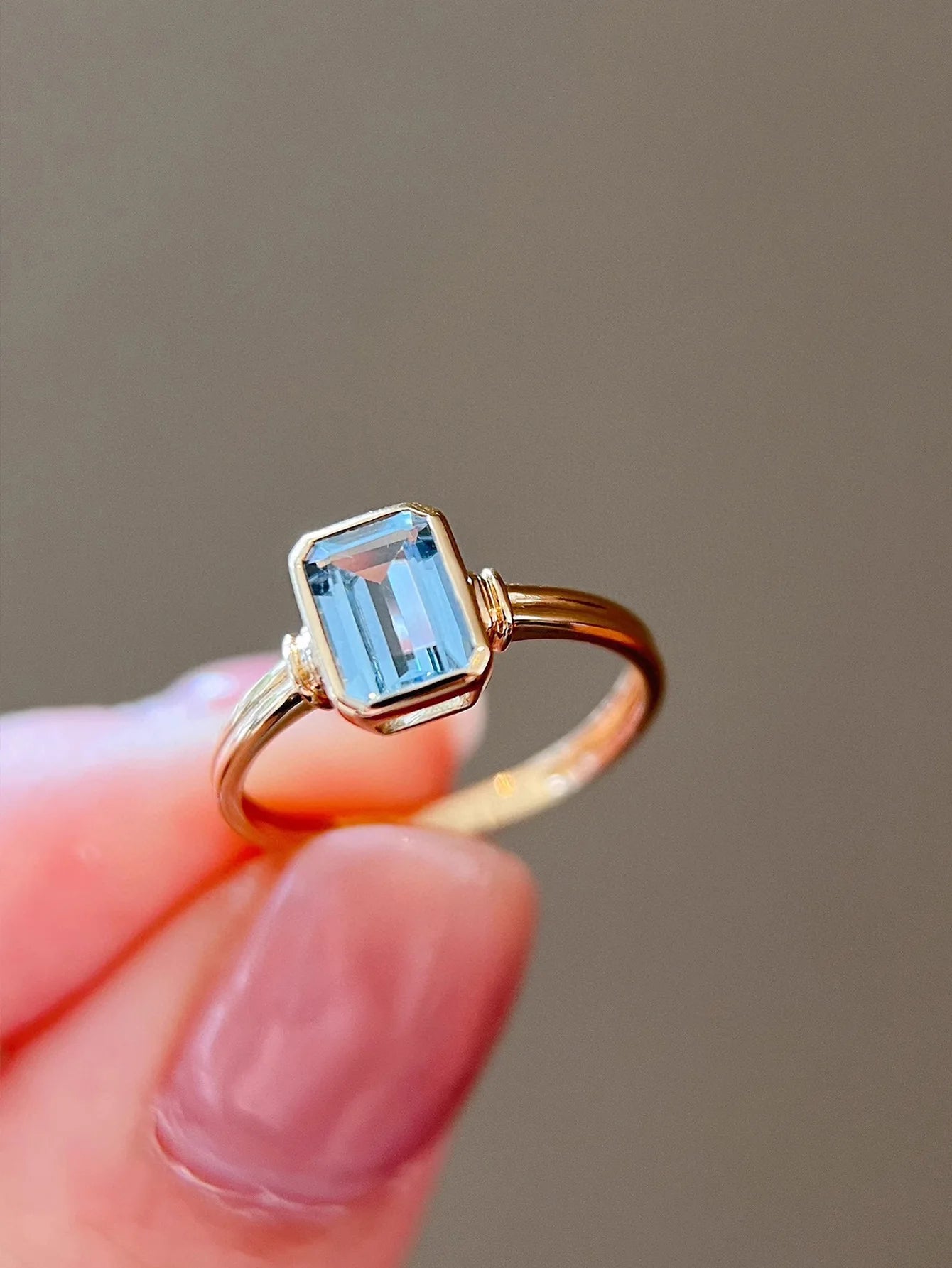 Refined S925 Sterling Silver Gold Plated Casual Aquamarine Ring For Women Rectangular Material Easiest For Match