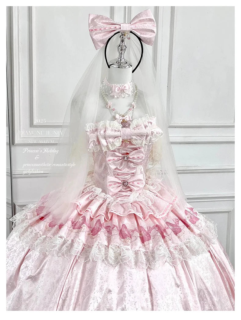 Sweet Princess Style Birthday Anniversary Wedding Dress New Lolita Cute Bow Sexy Strapless Girl Temperament Puffy Lace Dresses