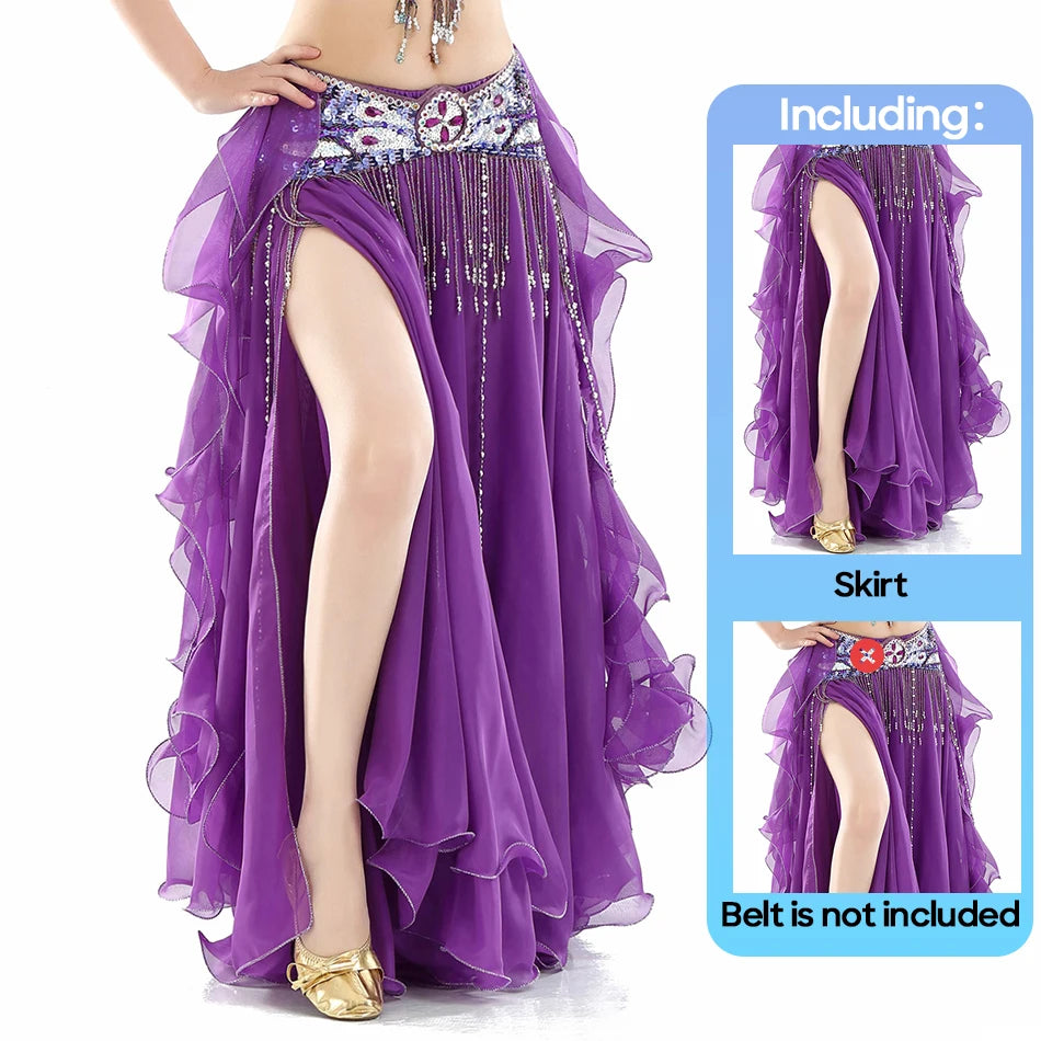 Belly Dance Skirt Chiffon Skirts Double Slit Ear Gauze Skirt High Slit Skirt For Adult Women Performance Practice Clothings - AMULET RING STORE