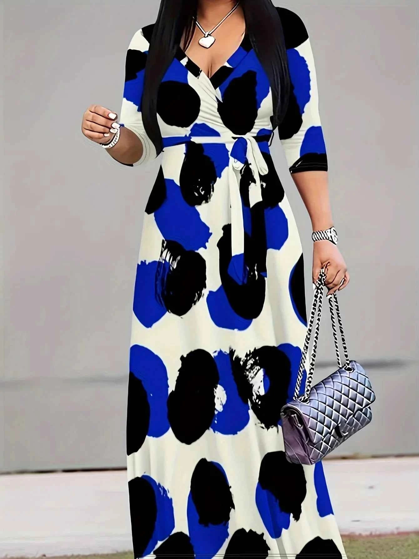 Casual Graphic Print V Neck Half Sleeve Floor Length Belted Maxi Resort Dress