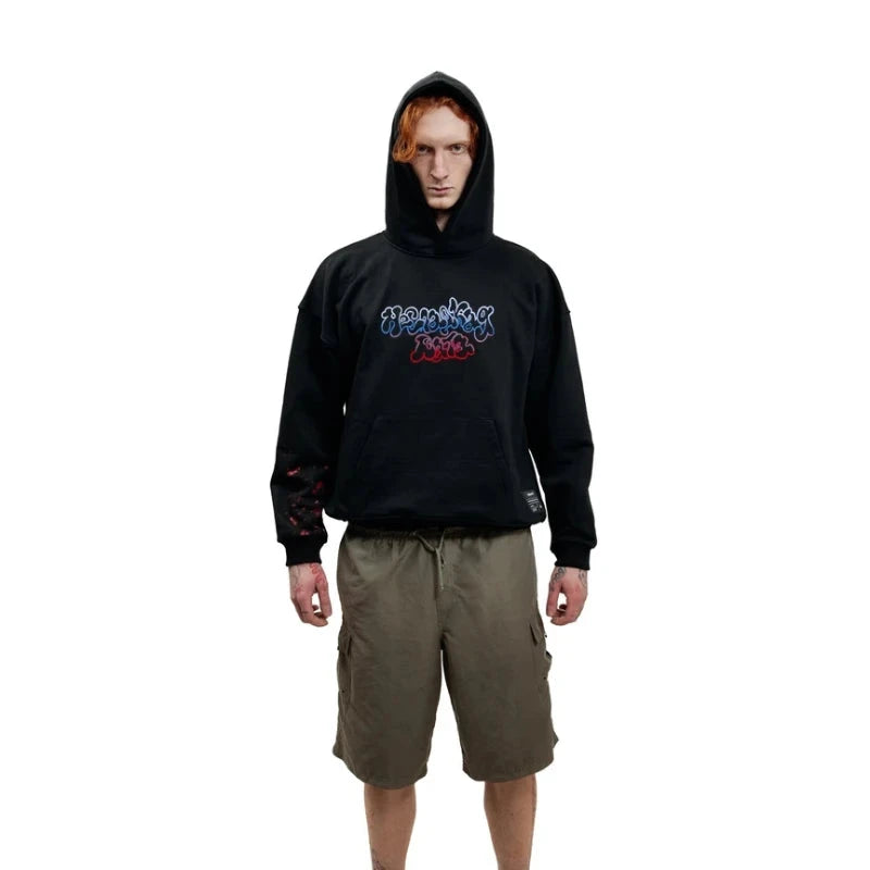 Y2K Kussia88 Hoodie Gradient Embroidery Splash-ink Pattern Sweatshirt Men Dark Gothic Trend Unisex Oversized Pullover Streetwear