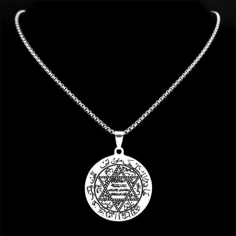 Jewish Hexagram Allah Muslim Arabic Necklace for Women Men Stainless Steel Silver Color Star of David Necklace Jewelry N7970S02 - AMULET RING STORE