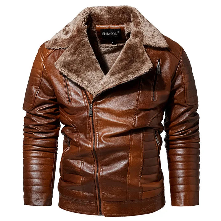 Men's Fur Collar Jacket PU Leather Vintage New Winter Men's Streetwear Thicken Leather Jacket Retro Men Brand Leathe Jacket