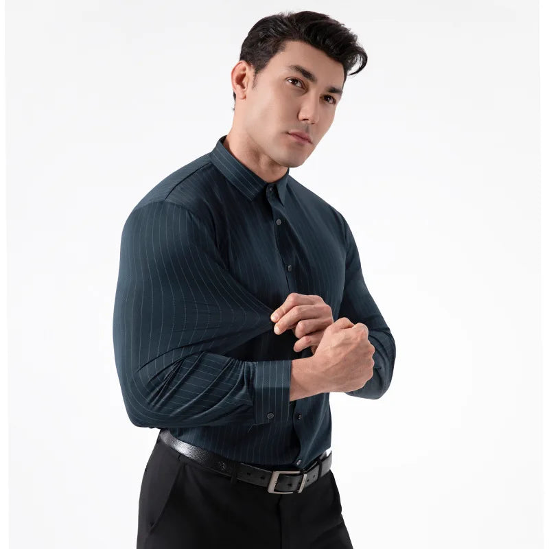 New Stylish Men's Striped Shirt Long Sleeve Business Casual High Elasticity Spring Autumn Seamless Easy-care Soft Man Clothing
