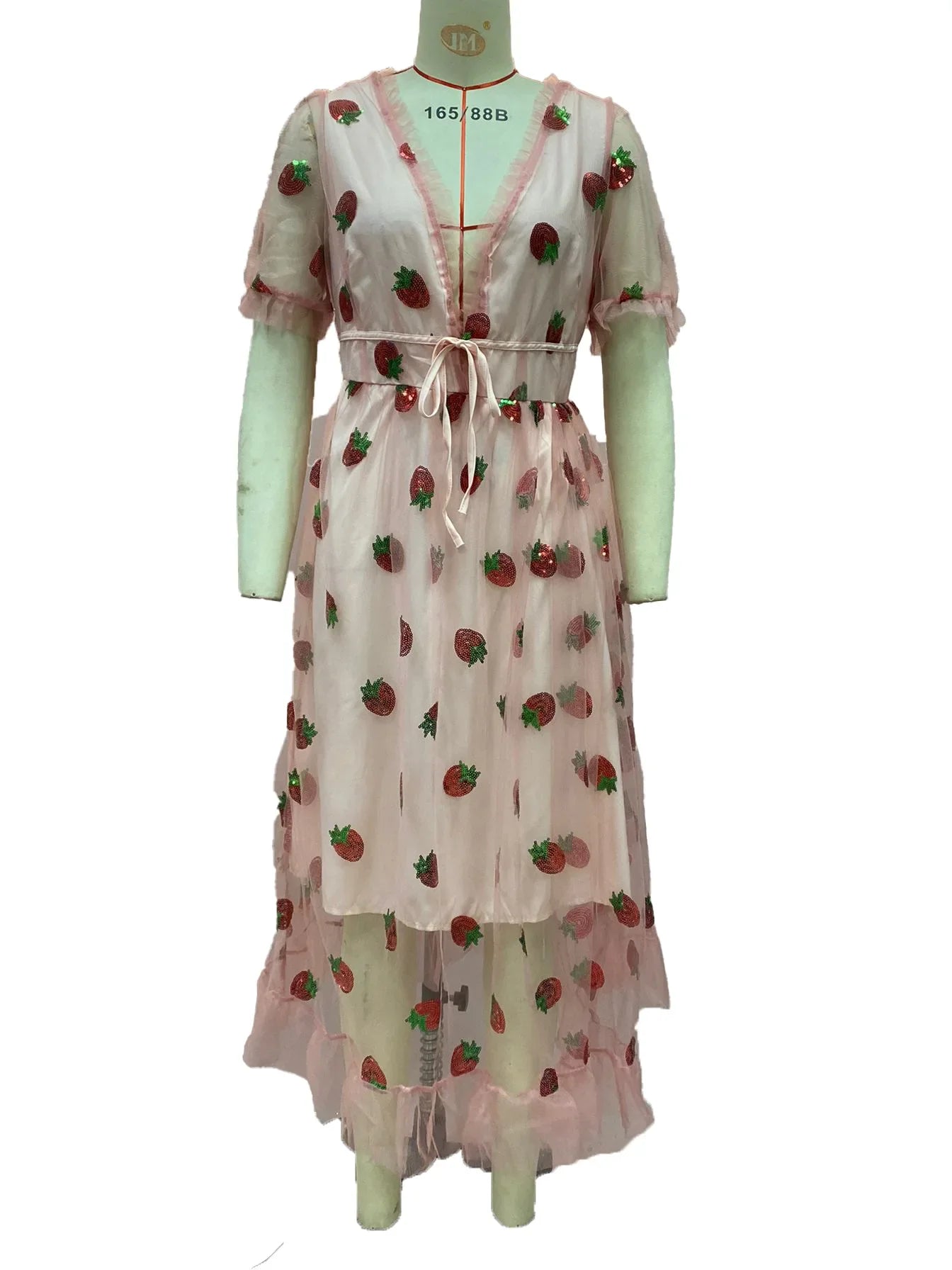 French Style Strawberry Two-tone V-neck Long Dress Sequins Ruffles Fashionable Net Yarn Sleeveless Robe