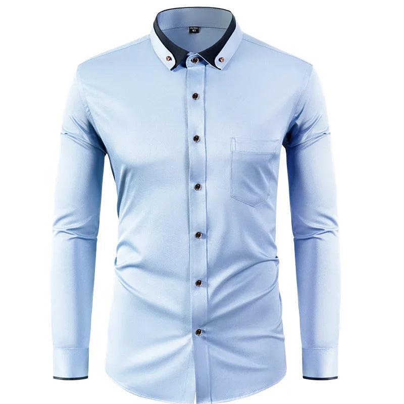 4XL Stand Up Collar Long Sleeve Shirt for Men Social Camisa Anti-wrinkle Pockets with Diamond Button Down White Shirt Black Blue