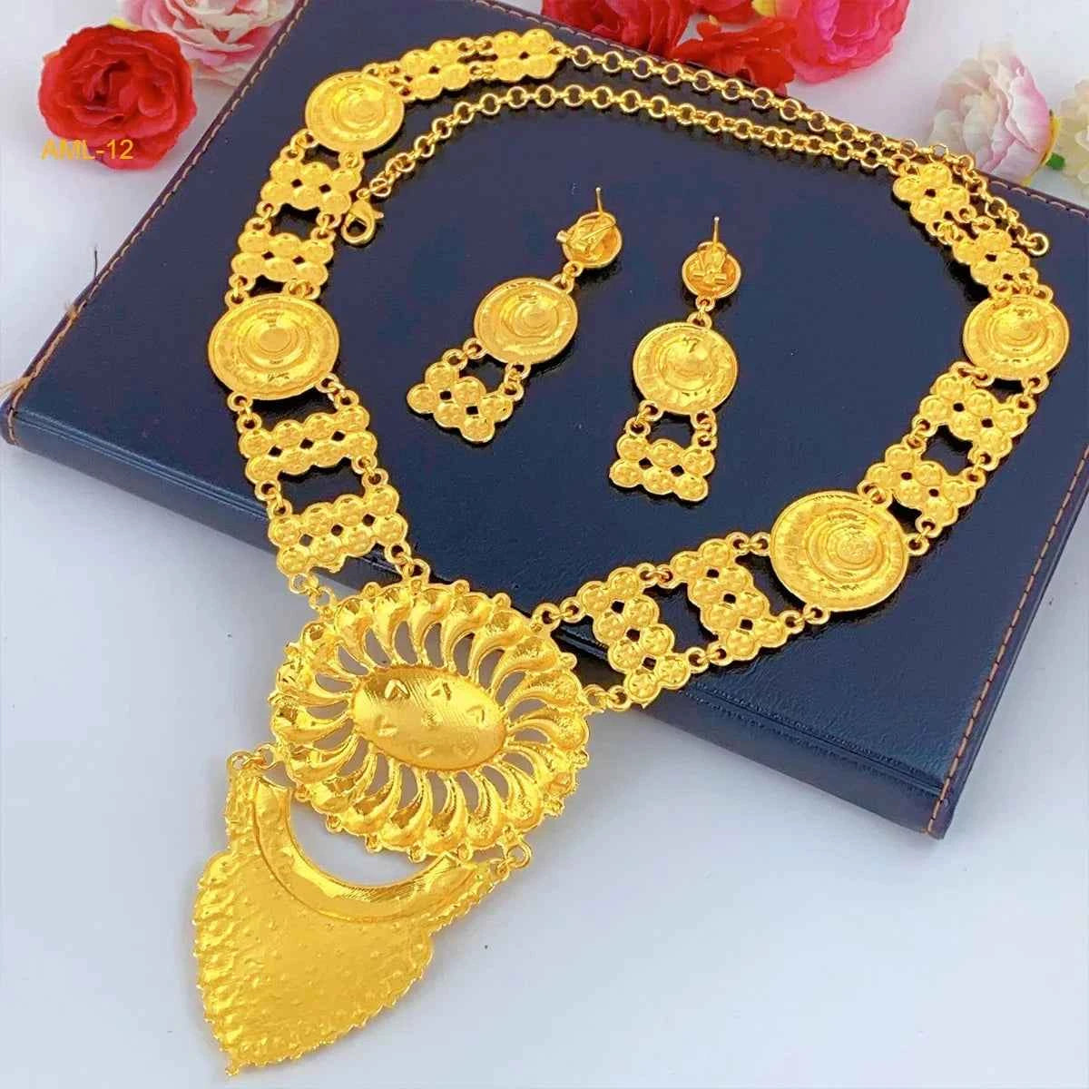 Bridal Indian Necklace Sets 24K Gold Plated Long Pendant For Women Nigeria African Dubai Wedding Earring Jewelry Set Party Gift