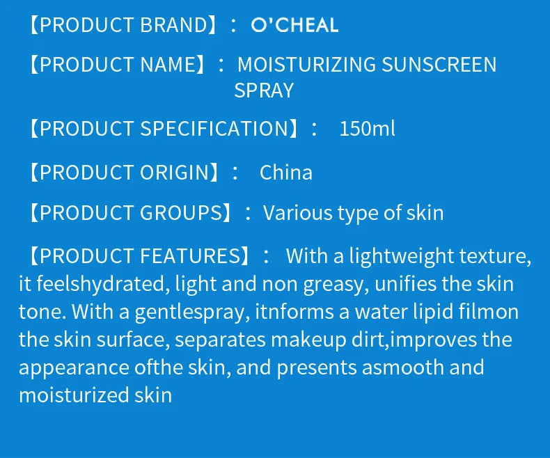 O‘cheal 150ml Sunscreen Spray Anti-aging Anti Wrinkle Moisturizing Whitening Sunscreen Spray Facial Body Neck Skin Care Cream