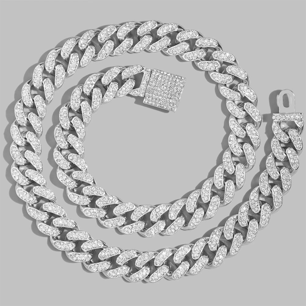 Iced Out Bling AAA Rhinestones Prong Cuban Link Chain Men's Necklace 2 Row Crystal Curb Cuban Chain Hip Hop Jewelry 13/14/20MM - AMULET RING STORE