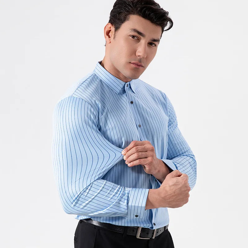 New Stylish Men's Striped Shirt Long Sleeve Business Casual High Elasticity Spring Autumn Seamless Easy-care Soft Man Clothing