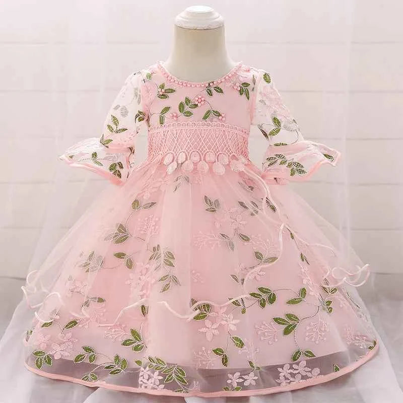 Long Sleeve Flower Baby Girls Dresses Newborn Pink 1st Birthday Tulle Princess Dress For Girl Bridesmaid Wedding Summer Clothing