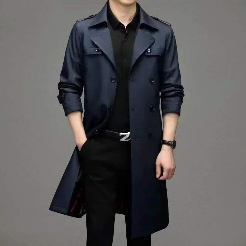 Brand Business Men's Windbreaker 2023 Autumn High-quality Khaki Navy Black Double-breasted Trench Coat Fashion Male New Clothing - AMULET RING STORE