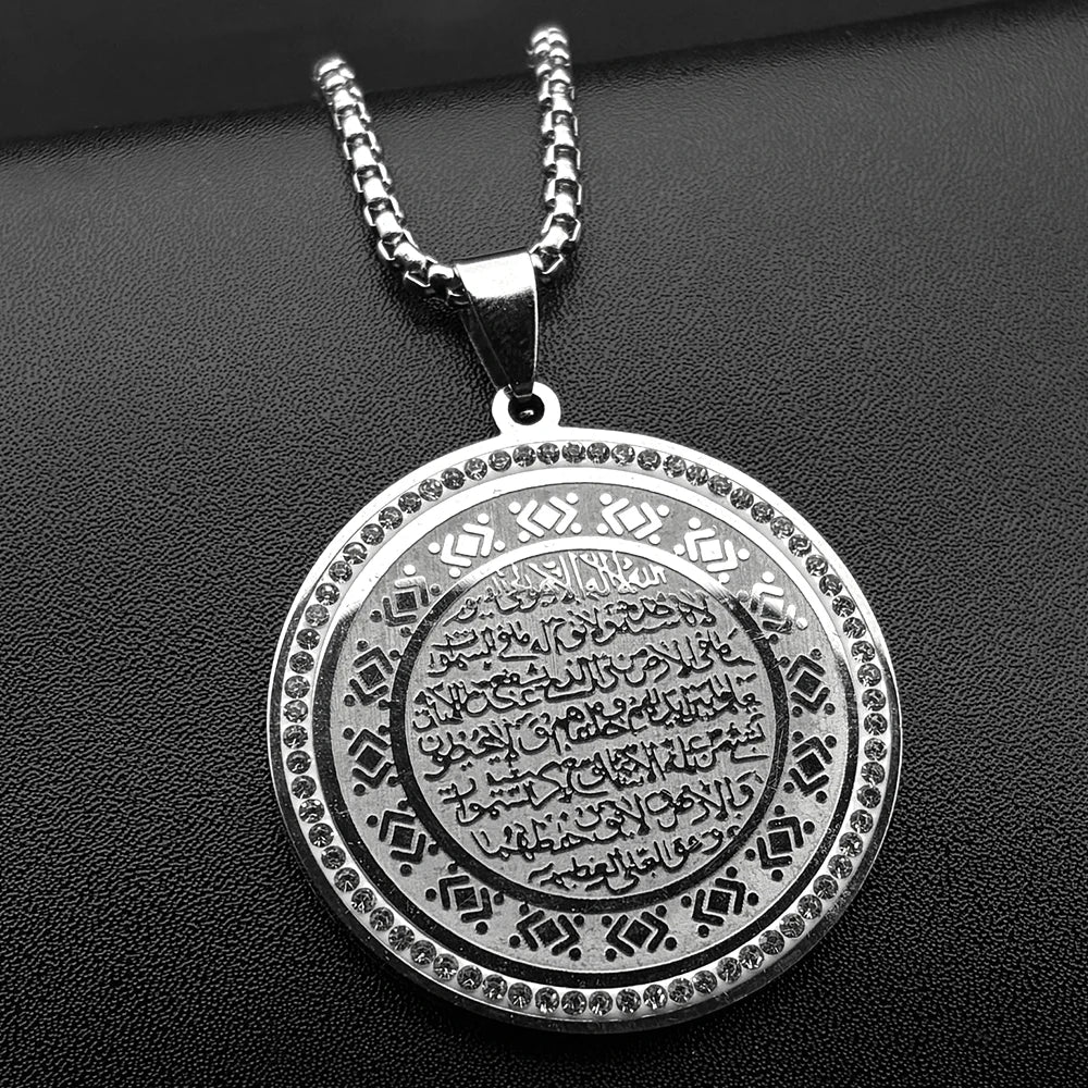 Islam Muslim Allah Quran Medal Stainless Steel Necklace for Women Men Gold Color Rhinestones Arabic Pendant Necklaces Jewelry